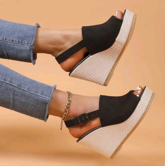 Women's Espadrille Wedge Sandals, Peep Toe Buckle Strap Platform High Heels - Picture 3 of 6